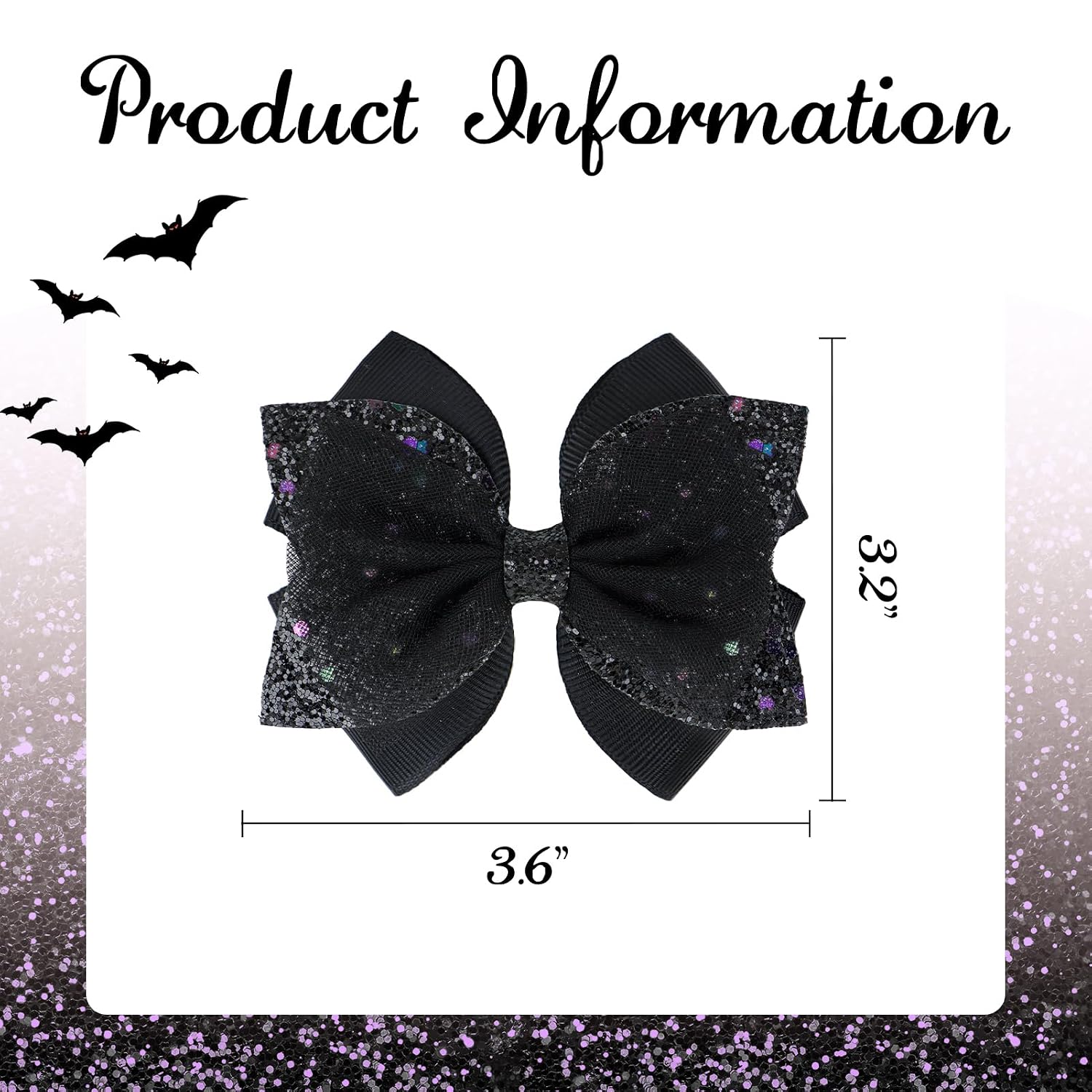 YanJie 2Pcs 3.5'' Glitter Hair Bow Clips Baby Girl Hair Accessories Sparkle Black Bows with Clip Women Fashion Accessory Girls Halloween Outfits image 4