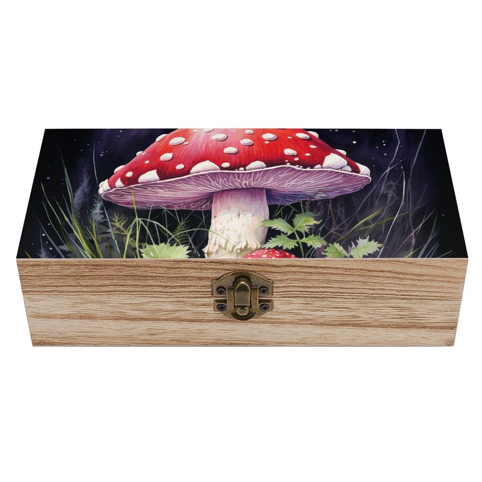 Wooden Storage Box Mushrooms in The Grass Wood Gift Box with Hinged Lid Vintage Decorative Jewelry Boxes Memory Box for Jewelry Art Hobbies Home Storage Treasure Keepsake Gift 7.9''x3.9''x2.3''