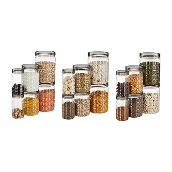 Amazon Brand - Solimo Checkered Jar Container, Set of 18 (6 pcs x 250 ml Each, 6 pcs x 500 ml Each, 6 pcs x 1000 ml Each), Black | Air Tight | Kitchen Organiser | BPA Free | Stackable, Plastic - image, photos