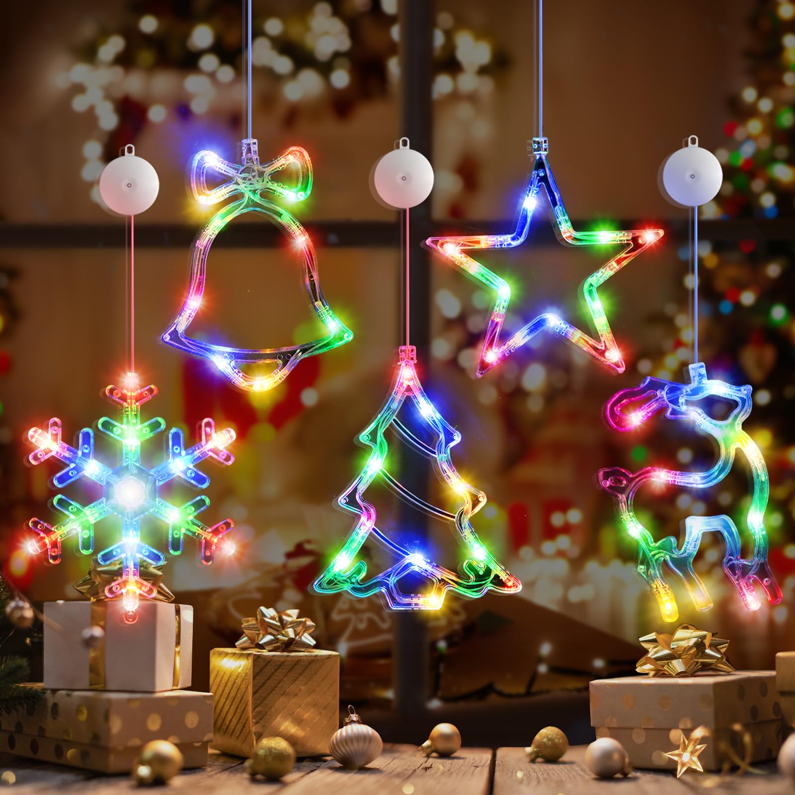 LYUBASA [Timer] 5Pcs Christmas Window Lights Decorations,Battery Powered Christmas Hanging Multicolor Lighted Snowflake Tree Star Deer Bells Shaped LED Sucker for Xmas Tree Fireplace Indoor Decor