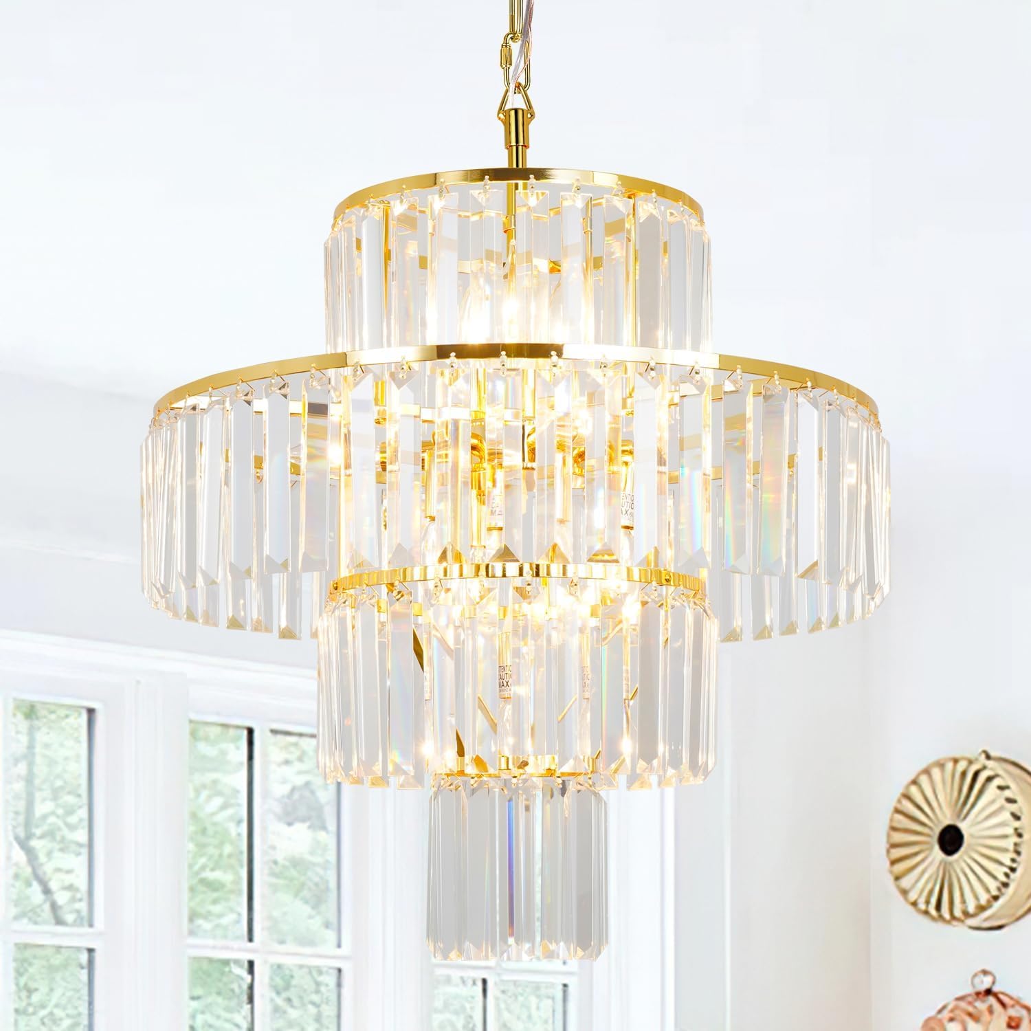 gold crystal chandelier, 7-light 4 tiers 19.68" crystal light, adjustable hanging metal ceiling lighting fixture, modern foyer dining room chandeliers for bedroom,hallway,kitchen gold 19.68 inches
