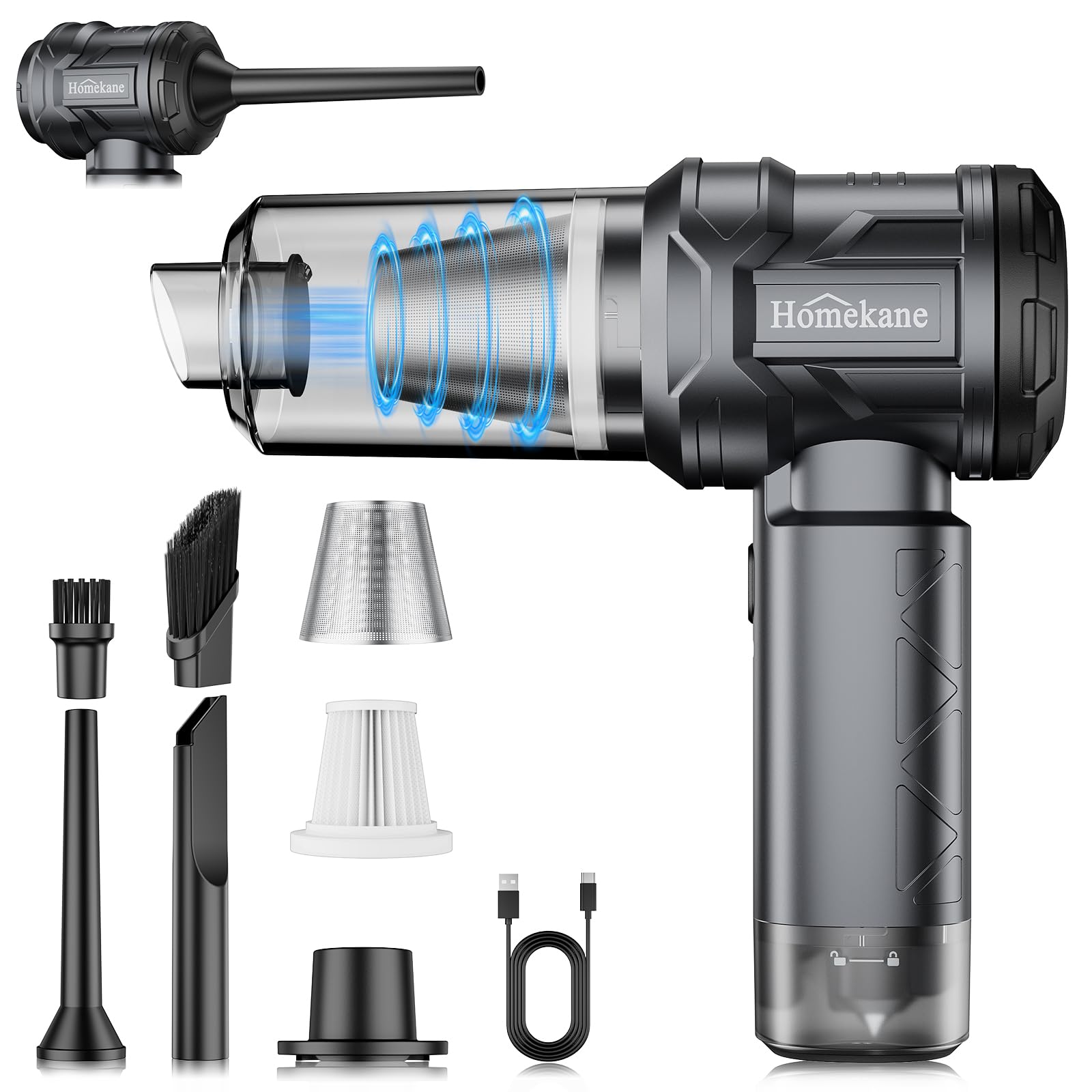 Aspirador de Mano, 25000Pa Aspiradora sin Cable Coche 5 en 1 con Motor sin Escobillas, 2 Niveles de Succión, Mini Aspira Auto para casa, Auto, Oficina y Pieles de Animales domésticos