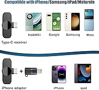 Vista 5 de Paquete de 2 micrófonos inalámbricos para iPhone, iPad, Android, portátil, mini micrófono con clip Plug-Play, micrófono de solapa profesional