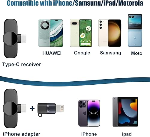 Miniatura 5 de Paquete de 2 micrófonos inalámbricos para iPhone, iPad, Android, portátil, mini micrófono con clip Plug-Play, micrófono de solapa profesional para