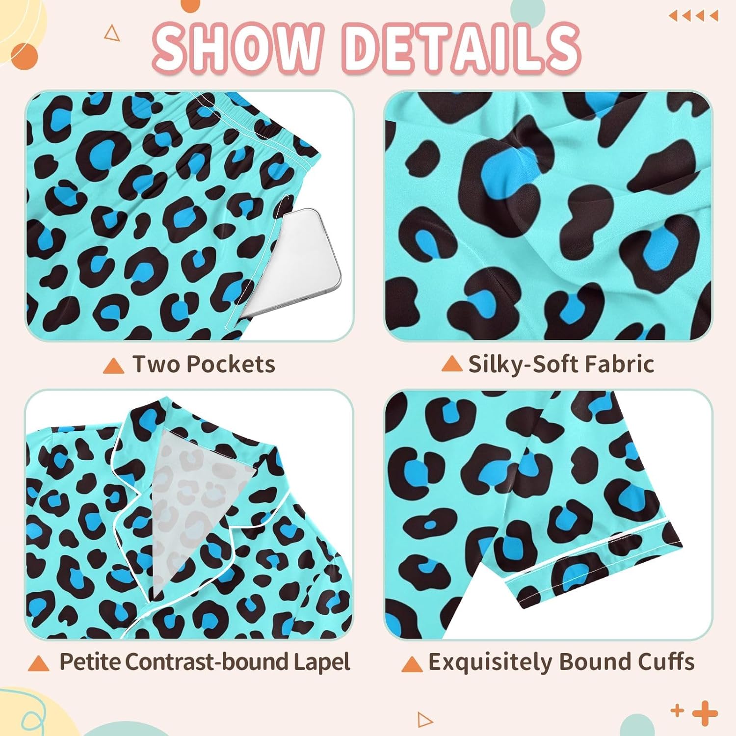 Kids Satin Wear Set Blue Leopard Print Pattern Relaxed Fit Clothing Short Sleeve and Shorts