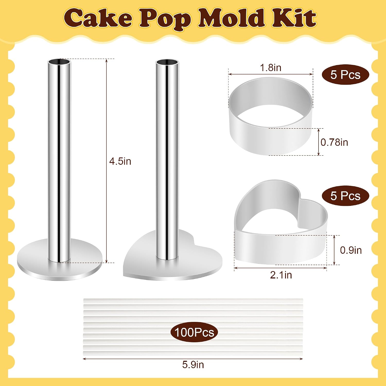 12 Pack Stainless Steel Cake Pop Mold Set with Pusher Circle and Heart Shapes Press Cake Pop Cutter Set with 100pcs Lollipop Sticks | Reusable Baking Tools for Home, Party, Birthday Desserts