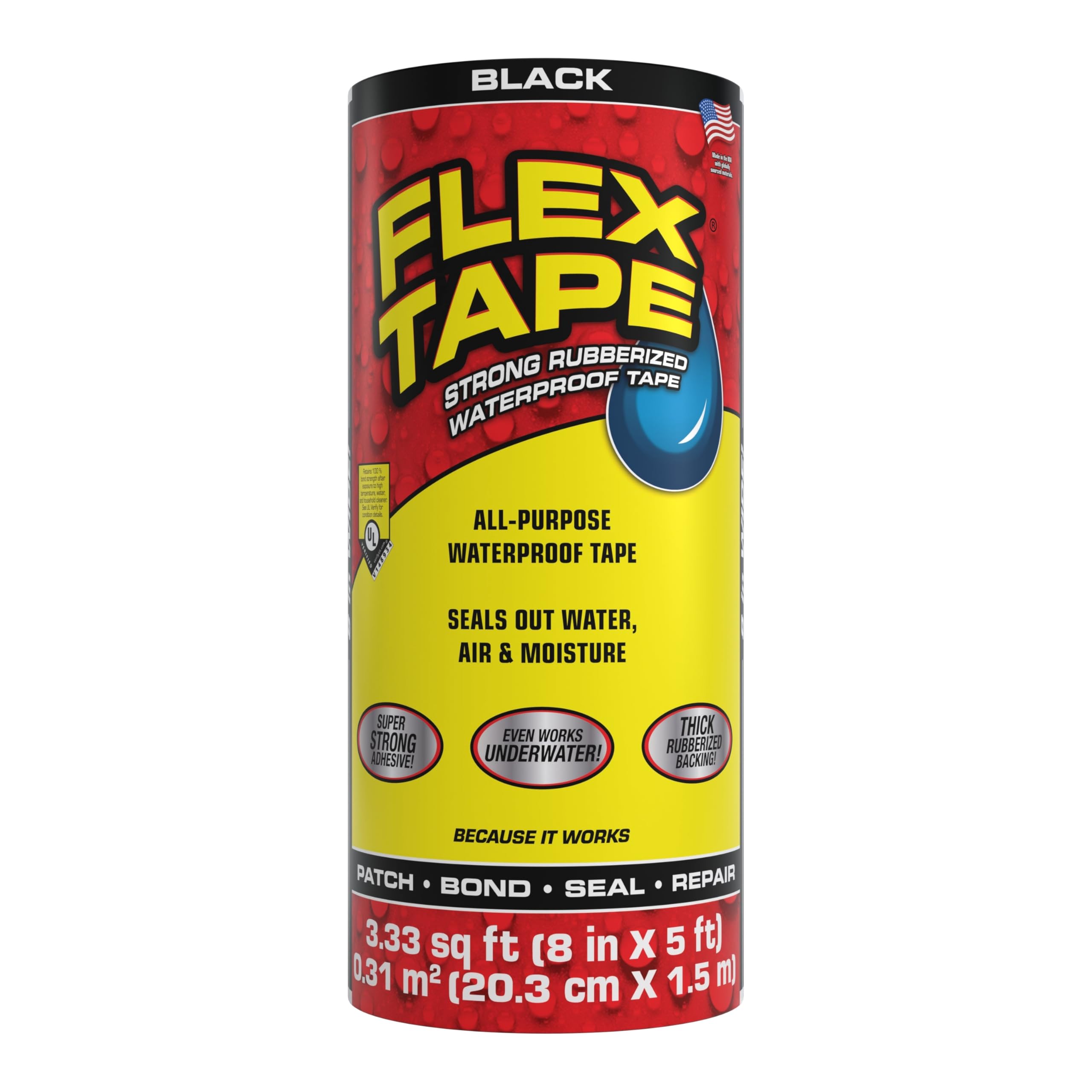 Flex Tape, Original Thick Flexible Rubberized Waterproof Tape - Seal and Patch Leaks, Works Underwater, Indoor Outdoor - Home RV Roof Plumbing and Pool Repairs, Black, 8 in x 5 ft, Pack of 1