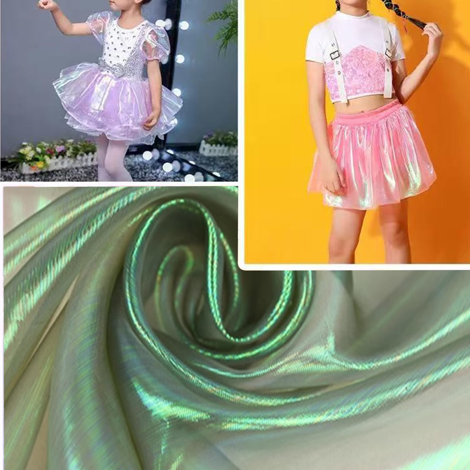 Holographic Gauze Fabric, 1.5m*3m Gradient Iridescent Organza Fabric for Costume Crafts Party Decorations Grass Green - Image 2