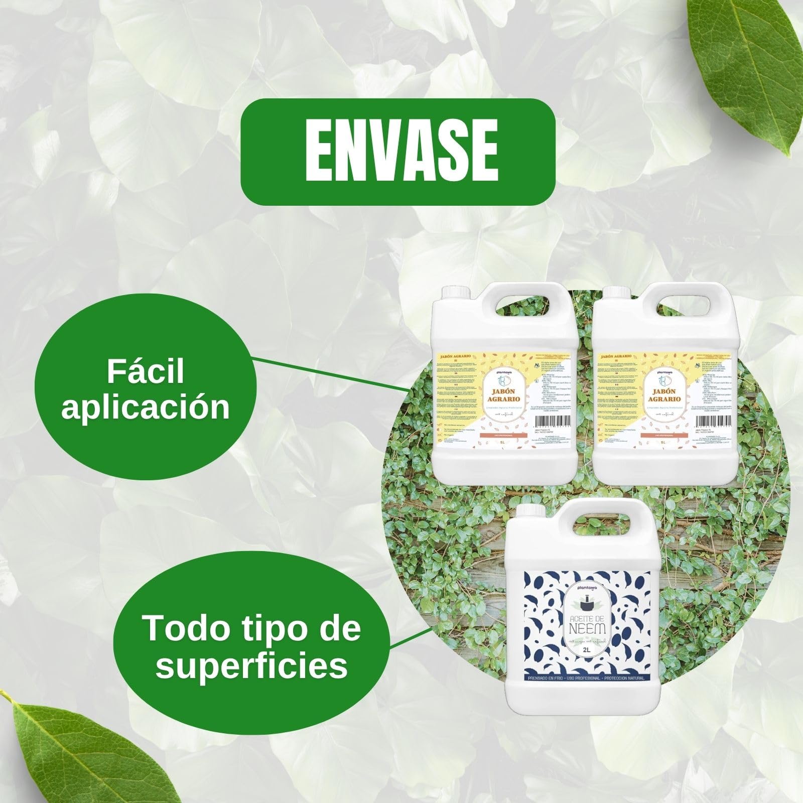 PLANTAWA Pack Jabón Potásico 2x5L + Aceite de Neem 2L | Solución Multiusos | Fácil Aplicación y Máxima Eficacia | Versátil | Uso en Interior y Exterior | Productos de origen natural