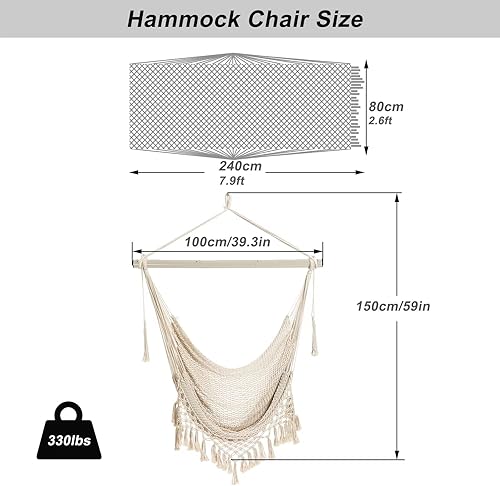 Miniatura 4 de Silla hamaca, máximo 330 libras, silla colgante grande, silla columpio de cuerda de algodón suave con varilla de metal de alta carga, para