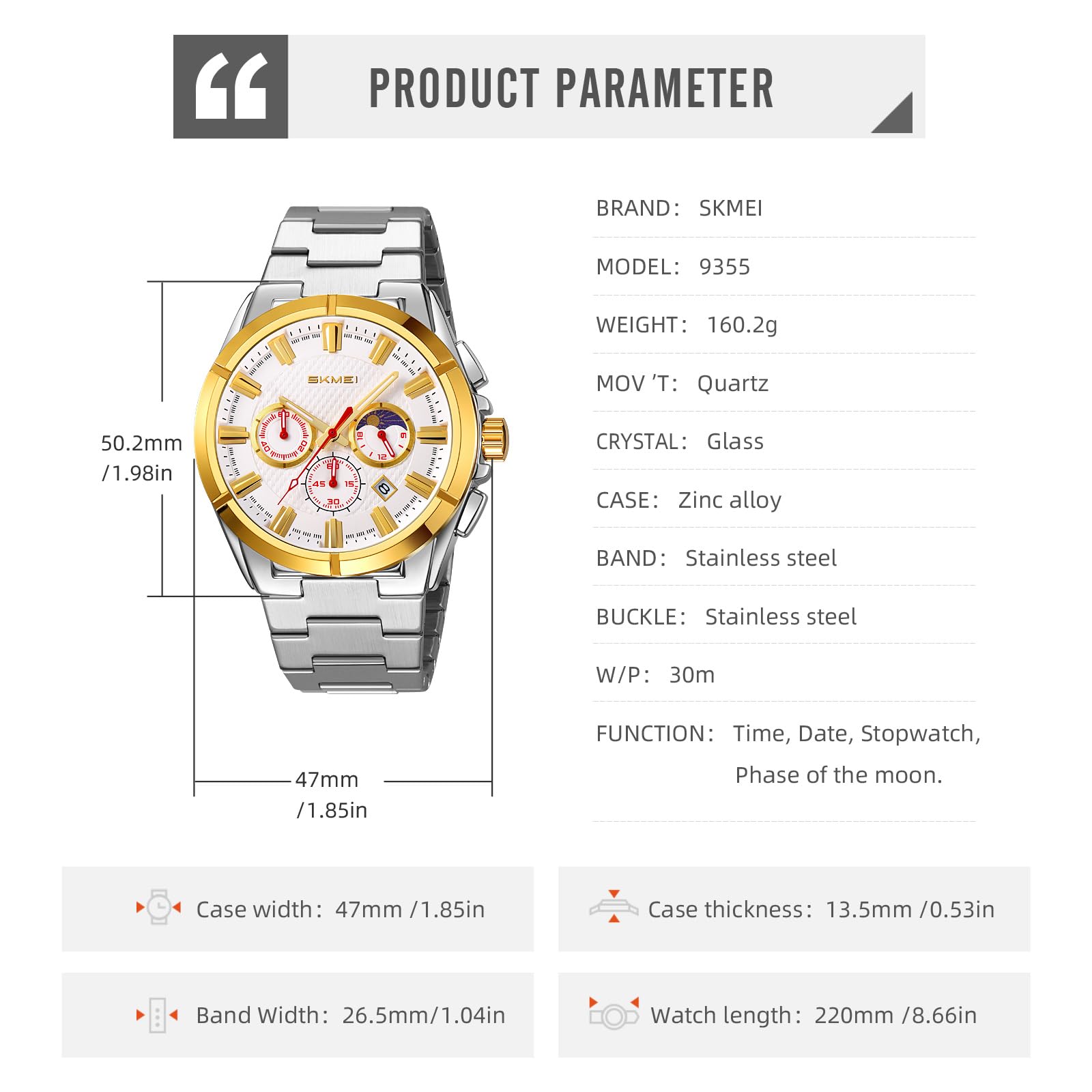 MASTOP Reloj de lujo para hombre con fase lunar clásico, multifuncional, cronógrafo, cronómetro, visualización de fecha, vestido de negocios, impermeable, luminoso, reloj de pulsera de acero