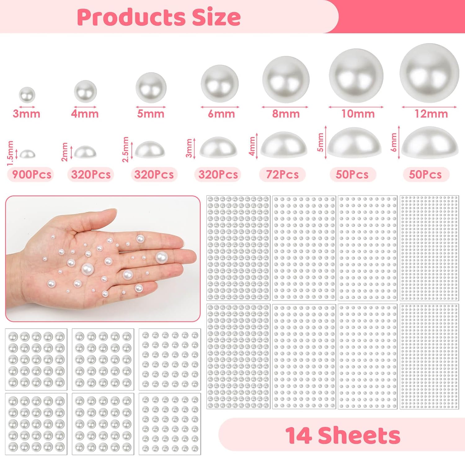 7 Sizes Self Adhesive Ivory White Hair Pearl Stickers, Caffox 2032 Pieces Stick on Pearls Gems for Hair, Face, Makeup, Eye, Crafts, Wedding image 3