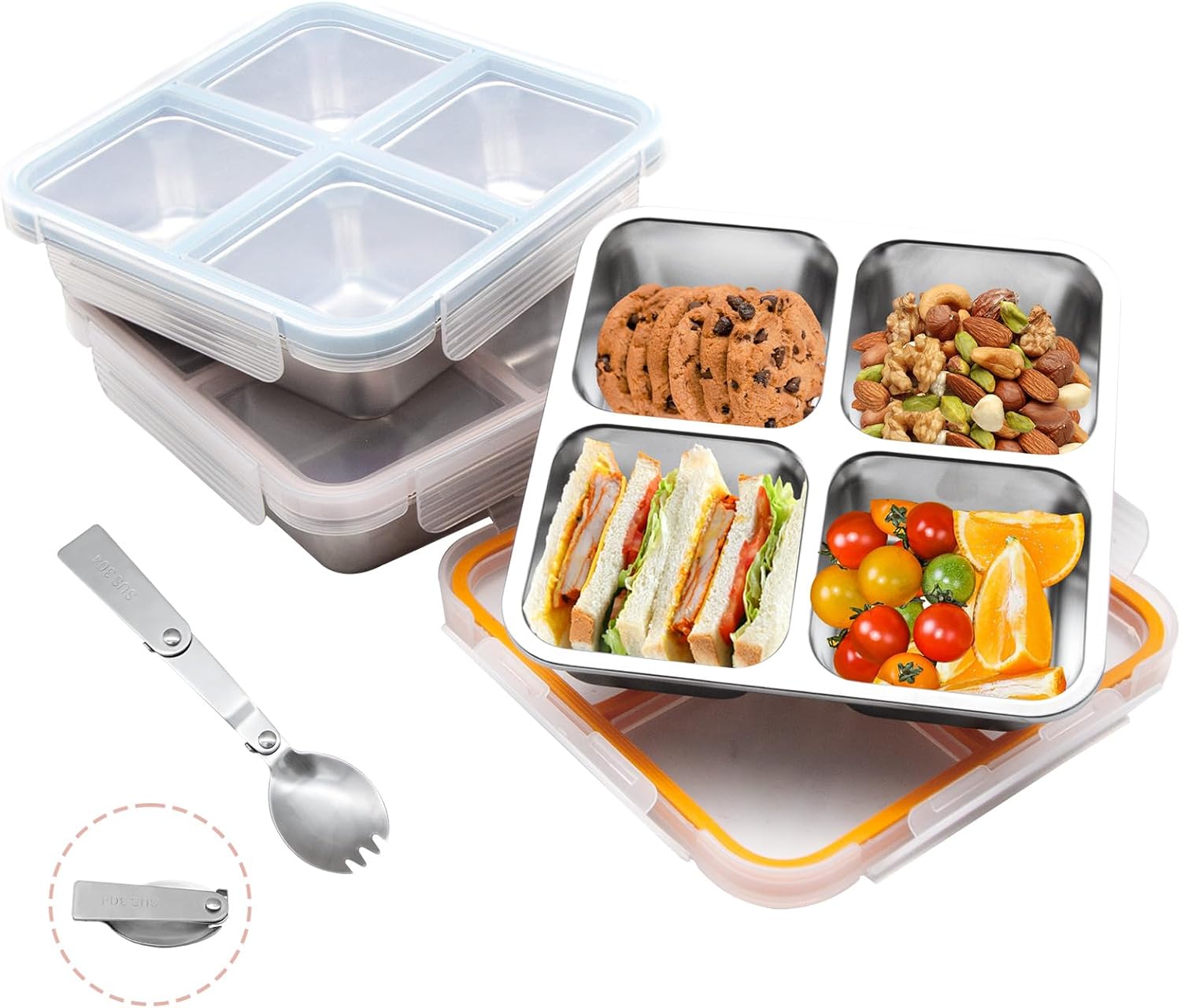 3 Pack Stainless Steel Bento Lunch Box, 4 Compartment Snack Containers, Divided Meal Prep Lunch Containers, Food Storage Containers For Work and Travel