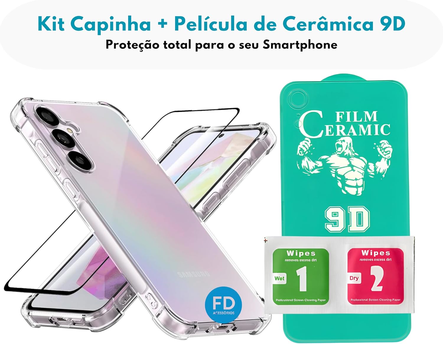 Kit Capa Capinha Anti-Impacto Premium Transparente + Película de Cerâmica 9D ou de Privacidade para Samsung Galaxy A16 - FD Acessórios. (Capa + Película Cerâmica 9D)