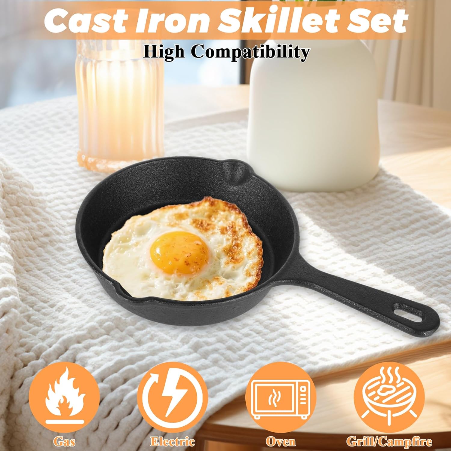 QTLCOHD 4 Pcs Cast Iron Skillet Set - 5.5 Inch Non Stick Cast Iron Frying Pans for Stove, Oven, Grill & Campfire, Black