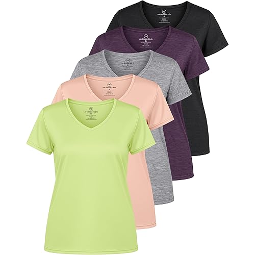 Real Essentials 5 Pack: Women's Dry Fit Short Sleeve V Neck Workout Top - Fitness Gym Athletic Yoga T-Shirt (Plus Available)