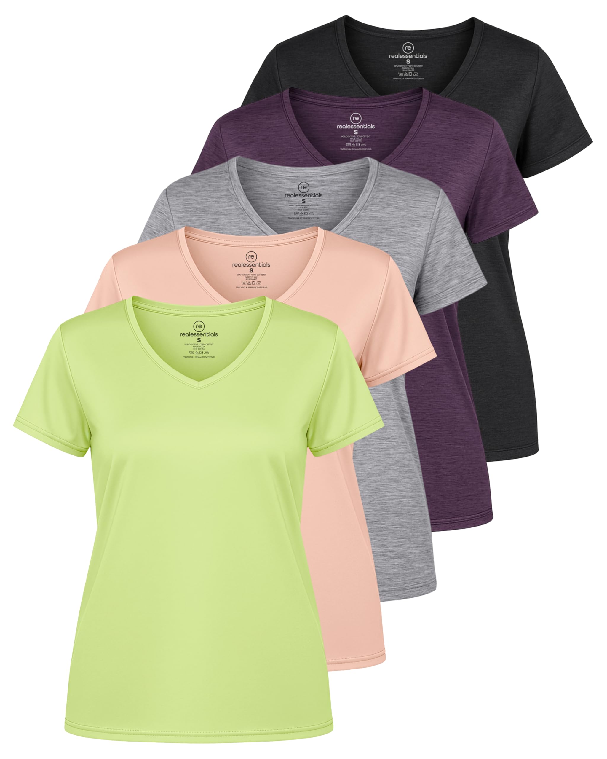 Real Essentials 5 Pack: Women's Dry Fit Short Sleeve V Neck Workout Top - Fitness Gym Athletic Yoga T-Shirt (Plus Available)