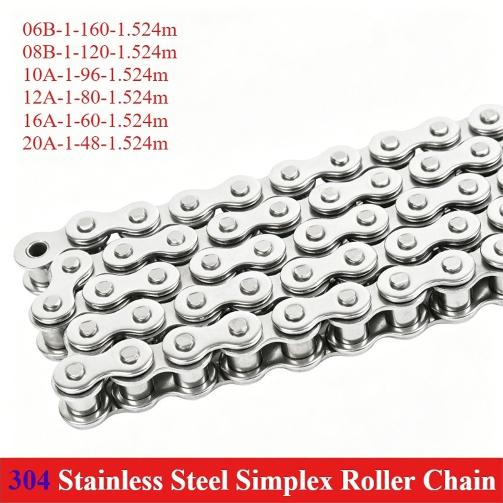 Rollenkette Aus Kohlenstoffstahl 1 Stück 304 Edelstahl Simplex-Rollenkette,524 m 06B-1 08B-1 10A-1 12A-1 16A-1 20A-1 Einreihige Antriebskette for die Übertragung(20A-1-48L(1.524m))