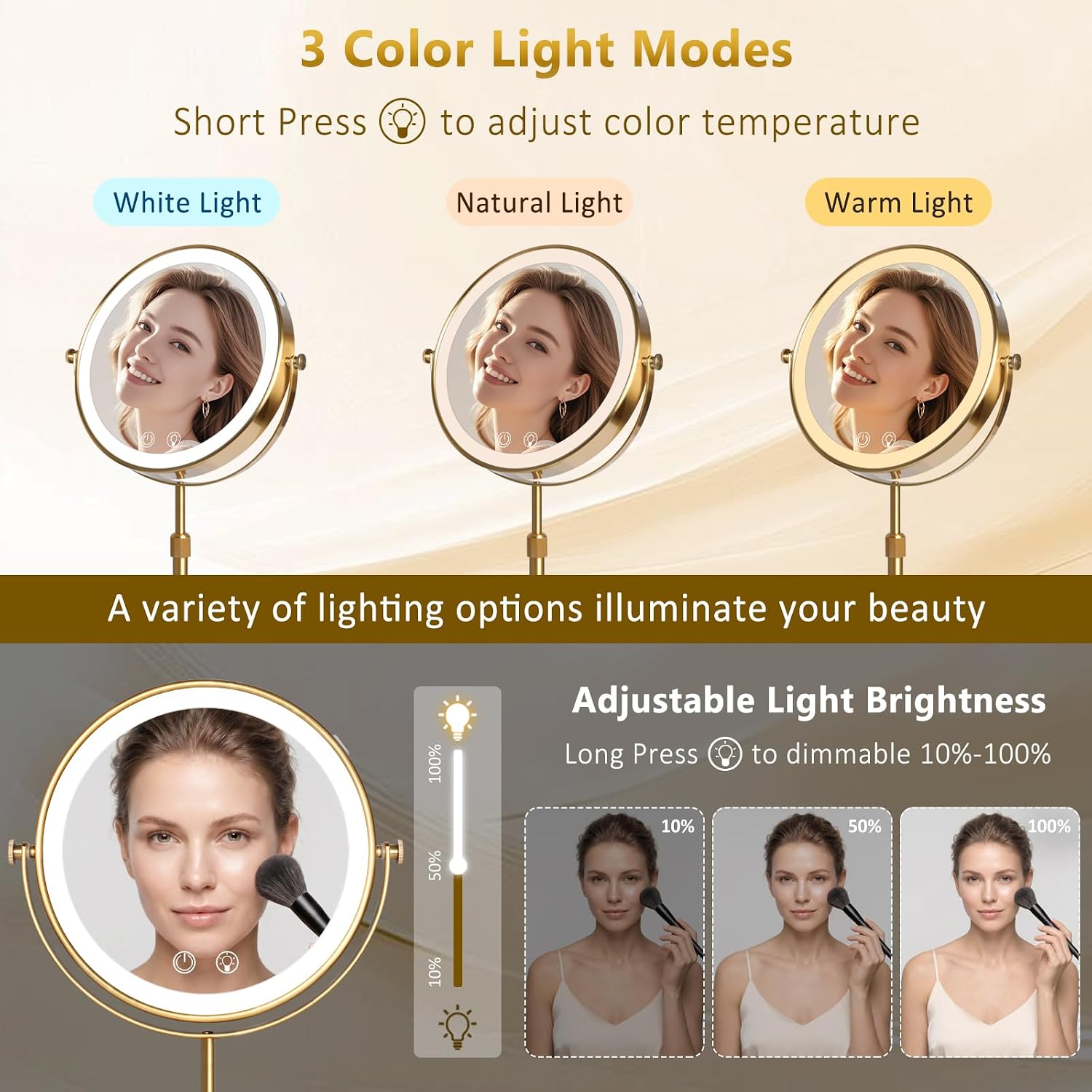 9" Makeup Mirror with Lights,5000mAh Rechargeable Vanity Mirror,1X/10X Double Sided Magnifying Mirror with Adjustable Height, 3 Colors Stepless Dimming Lighted Makeup Mirror,Women Gift,Gold