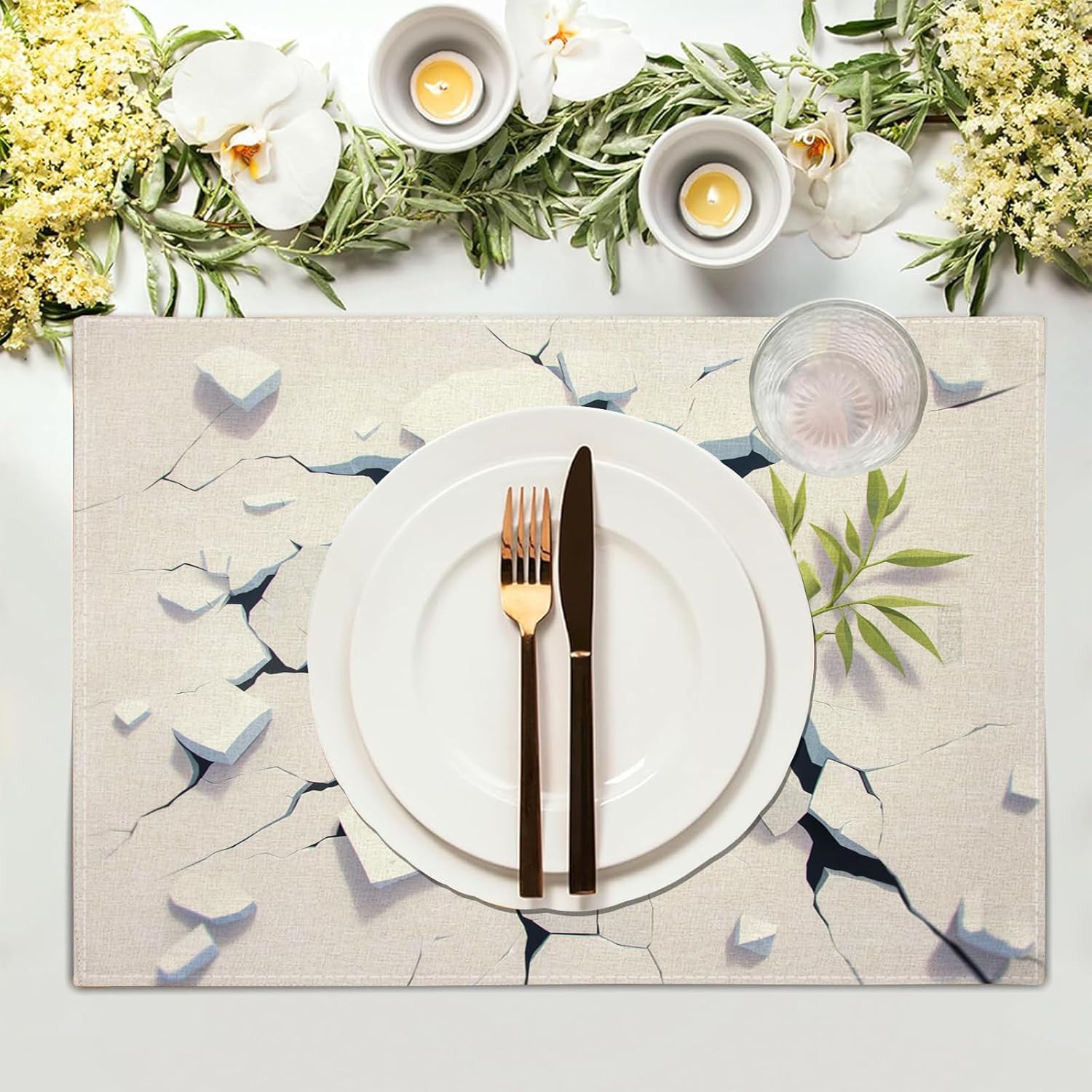 3D Crack Placemats- Cute Panda Linen Table Place Mat - Set of 8 Farmhouse Non-Slip Heat Resistant Table Mats for Dining Kitchen Cabin Lodge Decor
