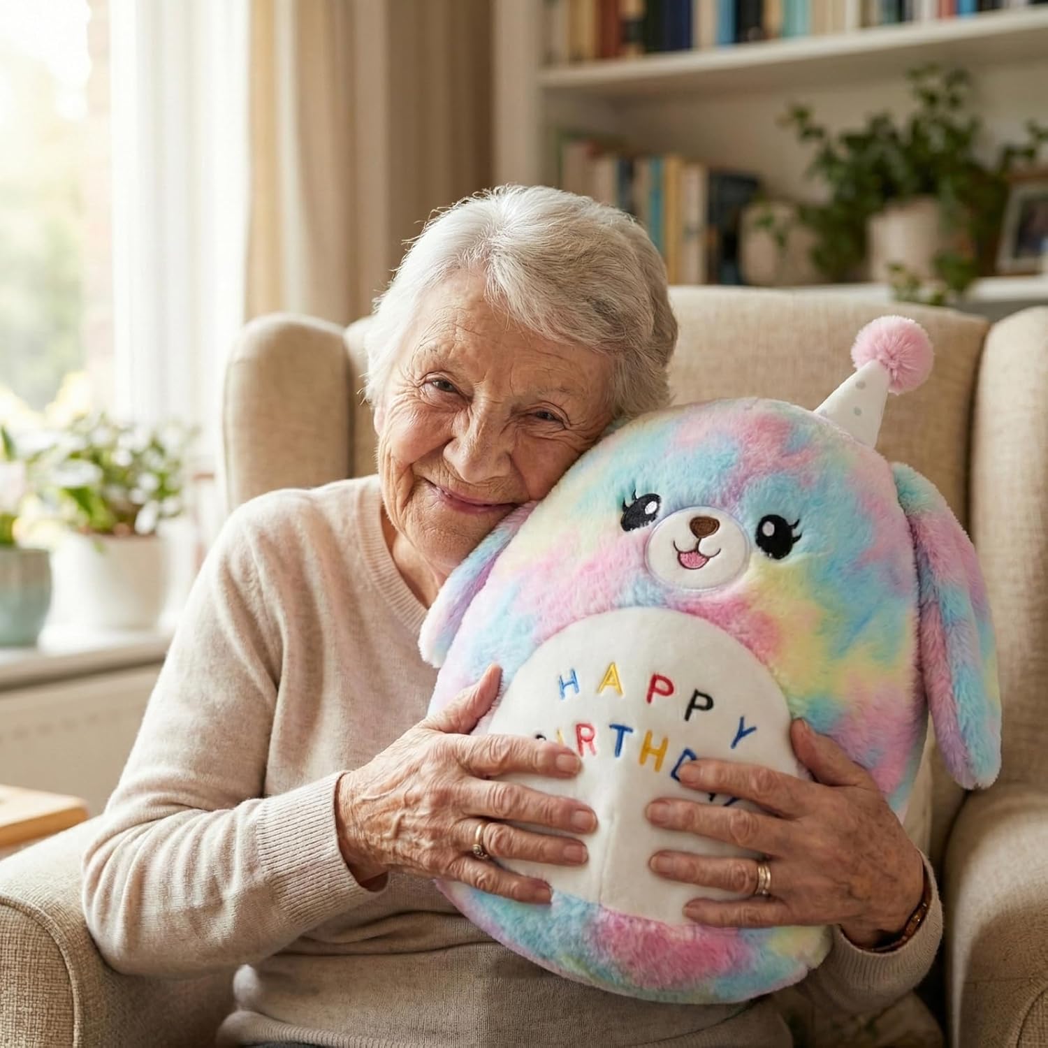 WEIGEDU Rainbow Puppy Plush Toy Pillow Stuffed Animal with Birthday Hat – 'Happy Birthday' Embroidered – Soft, Colorful, and Cuddly for Kids and Special Occasions – 15.75 inches
