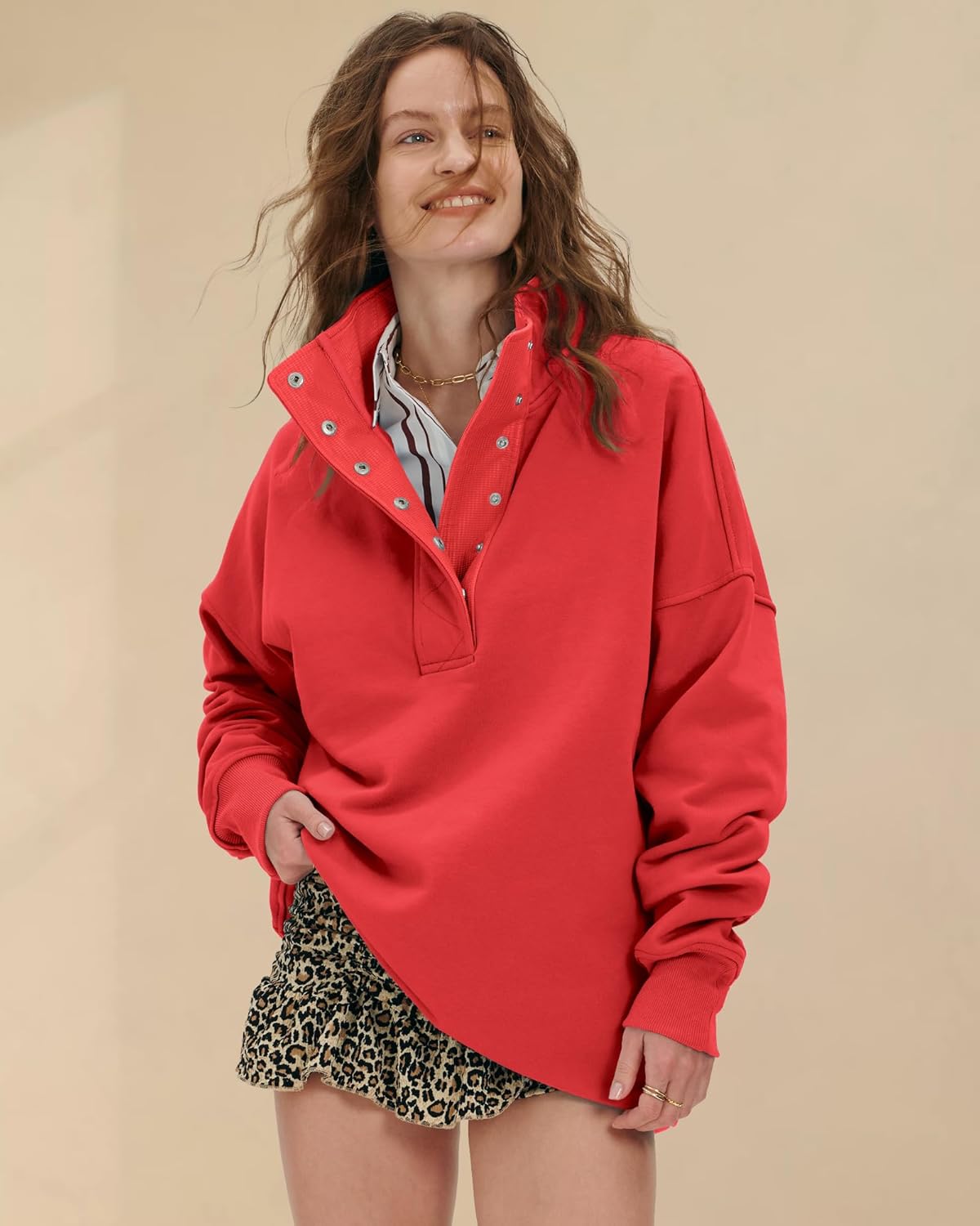 Locachy Womens Casual Button Henley Neck Cotton Oversized Sweatshirt Long Sleeve Pullover Tops Outfits - Image 2