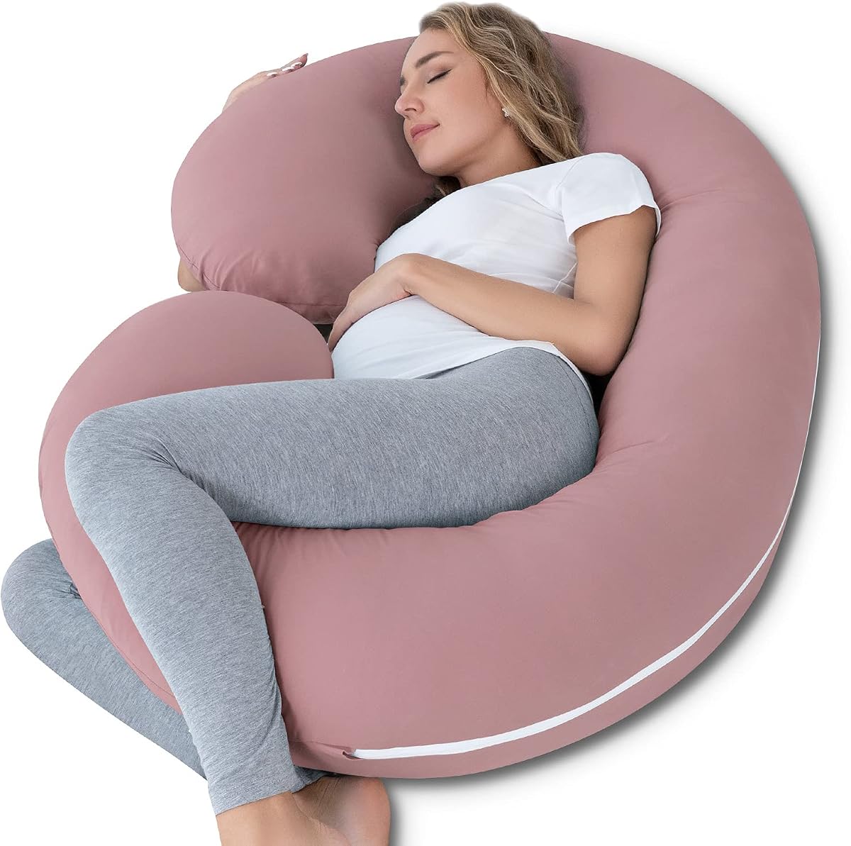 INSEN Almohada refrescante para Embarazo, Almohada de Maternidad con Funda de algodón Suave, en Forma de C para Dormir Embarazadas, Rosa Oscuro