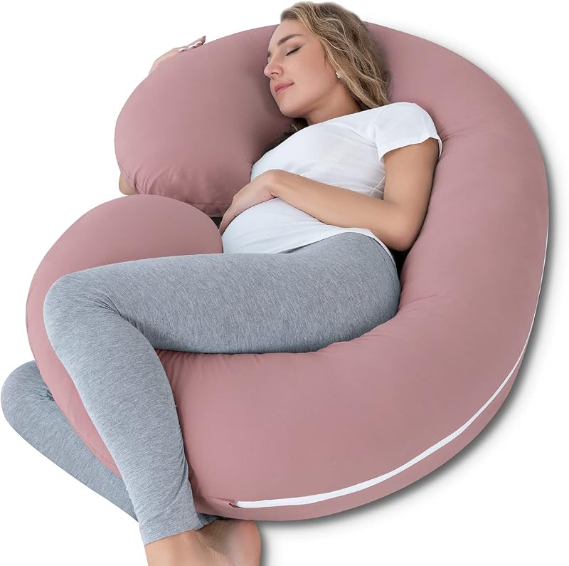 INSEN Almohada refrescante para Embarazo, Almohada de Maternidad con Funda de algodón Suave, en Forma de C para Dormir Embarazadas, Rosa Oscuro