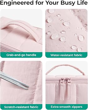 BAGSMART Travel Makeup Bag, Flat Lay Make Up Case, Wide Opening Cosmetic Organiser with Clear Brushes Pocket & Wet Pocket, Small Toiletry Bag, Travel Accessories for Women, Dark Pink