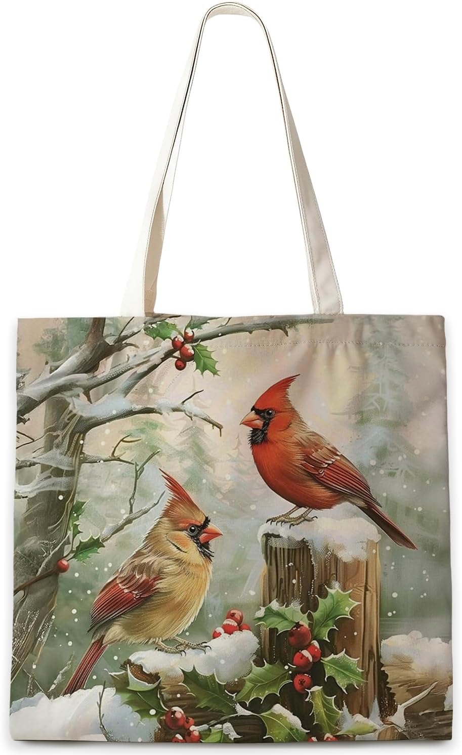 Winter Christmas Cardinal Tote Bag, Red Cardinal Gifts Canvas Tote Bags, Christmas Winter Snowfield Bird Reusable Grocery Shopping Bag