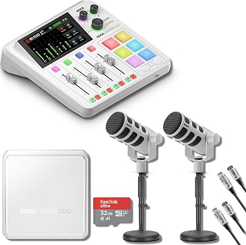 Rode RODECaster Duo Streaming Mixer White with White Rode Podmic Dynamic Podcast Microphone Pair, RODECaster Duo Cover, Two Desk Stands, XLR Cable and 32GB microSD Card