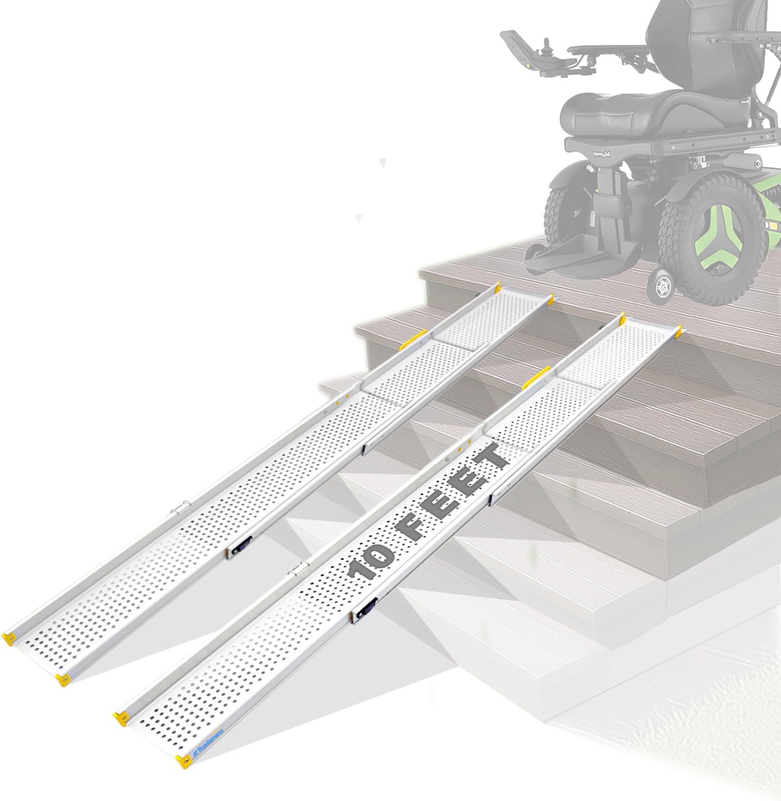 Ruedamann 10FT Adjustable Wheelchair Ramp, 9" Wider Portable Ramp for Wheelchair, 600 lbs Per Pair Capacity, Telescopic Aluminum Wheelchair Ramp for Home, Doorways, Curbs, Scooters, 2Pcs