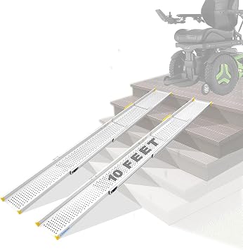 Ruedamann 10FT Telescopic Wheelchair Ramp with Handle, 8.9" Wide, 2PCS | 3-Section Adjustable Aluminum Ramps for Wheelchairs, Non-Slip for Bicycles, Carts, Mobility Scooters, Hand Trucks & Vans