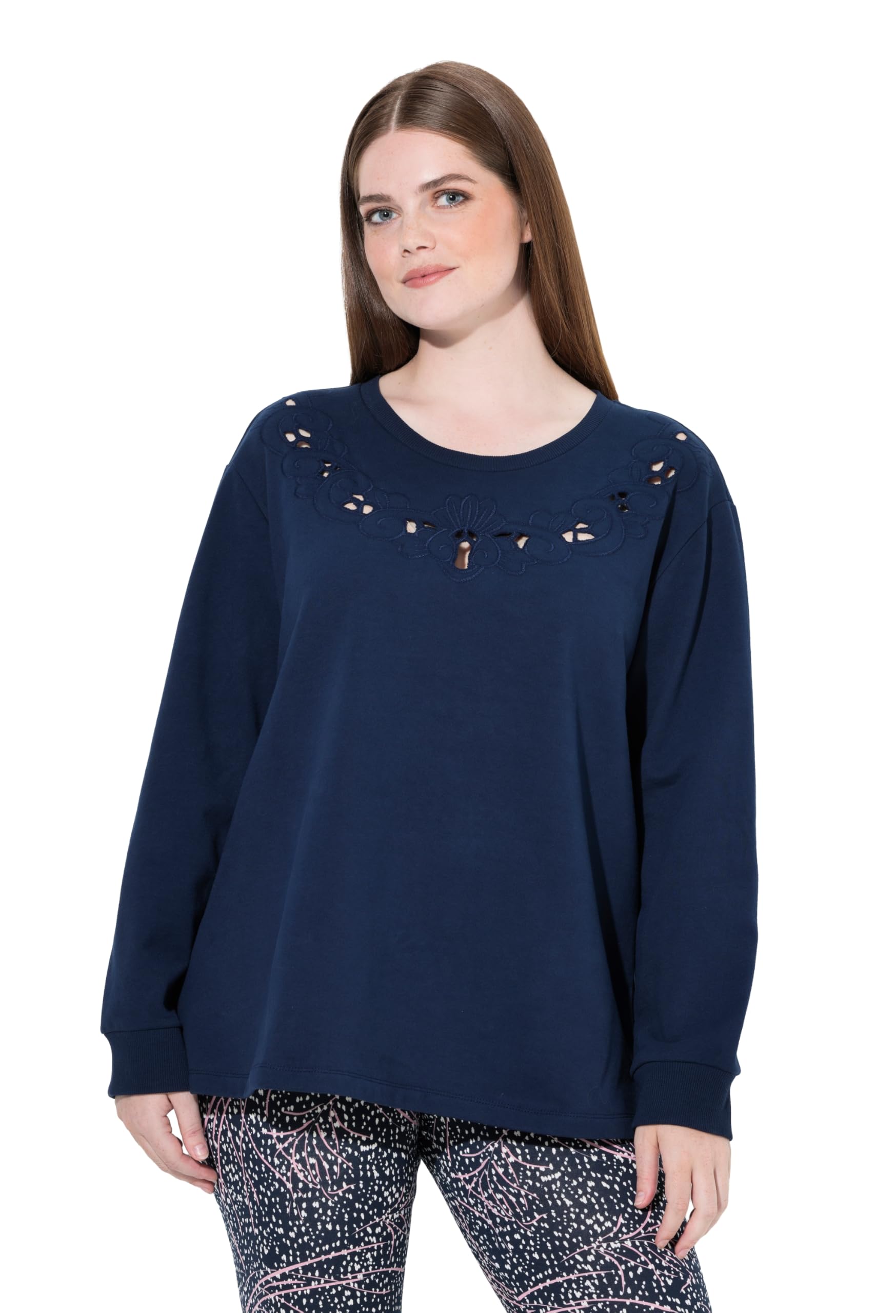 Ulla Popken Damen große Größen Übergrößen Plus Size Sweatshirt, Lockstickerei, Rundhals, Langarm, Biobaumwolle 844989