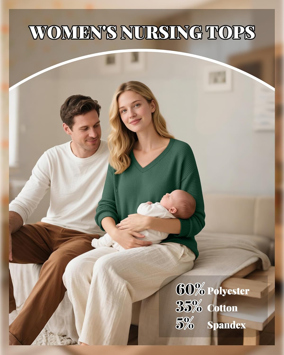 Women’s Waffle Knit Nursing Shirts, Long Sleeve Oversized Breastfeeding Tops Hidden Zipper V Neck Maternity Tops(Turquoise,Medium) - Image 3