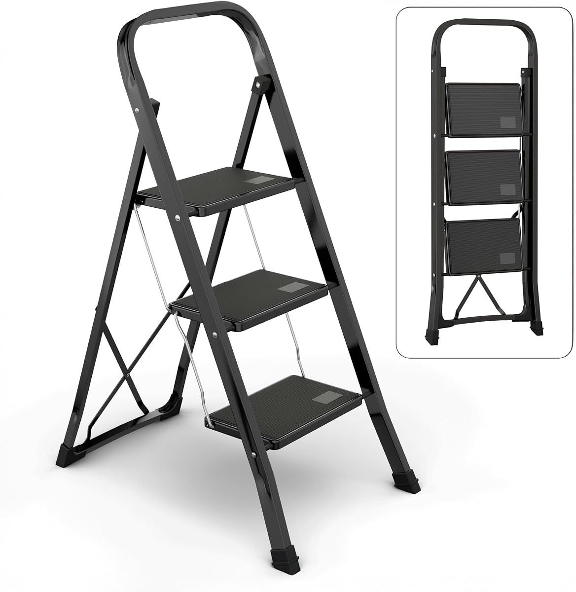 Escalera de 3 escalones con plataforma ancha antideslizante y pies de goma gruesos | Resistente, plegable y portátil | Capacidad de 330 libras, estructura de acero, mango de goma, taburete plegable