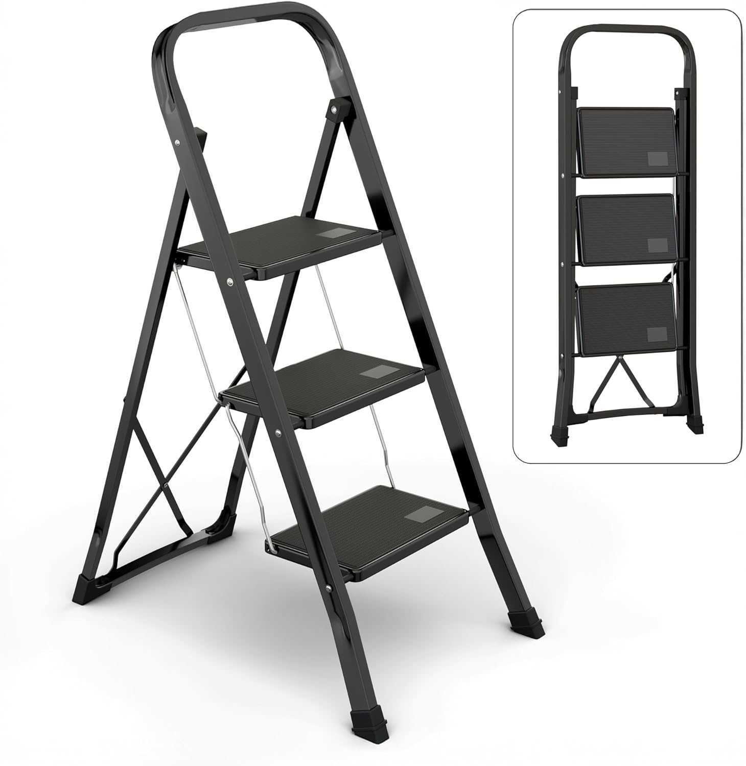 3-Step Ladder with Wide Anti-Slip Platform & Thick Rubber Feet | Heavy Duty Foldable & Portable | 330 lbs Capacity, Steel Frame, Rubber Handgrip, Folding Step Stool
