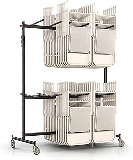 OEF Furnishings OEF84 Series Folding Chair Cart – Heavy-Duty Extra-Tall Two-Tier Steel Dolly Rack with Wheels (Expanded Capacity, Extended Height, Hanging Storage)