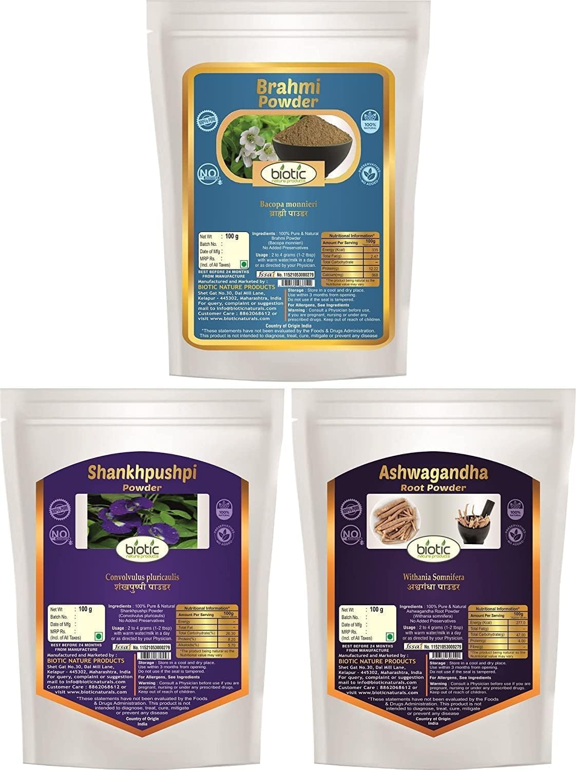 Viva Biotic Natural Shankhpushpi, Brahmi and Ashwagandha Powder - 300g (100g Each).