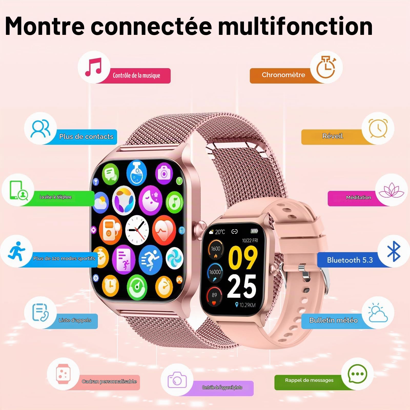 CASCHO Montre Connectée Femme avec Appel Bluetooth, 1.85"HD Smartwatch Femme avec Fréquence Cardiaque/Sommeil/SpO2, IP68 Étanche Fitness Tracker avec 120+ Modes Sportifs, pour Android iOS - Doré rose