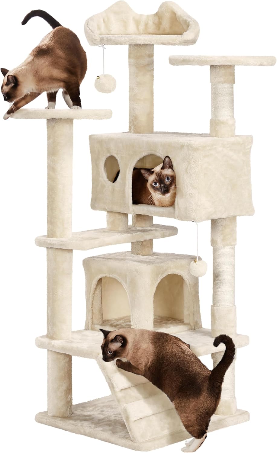 Yaheetech 54in Cat Tree, Multi-Level Cat Tower with Spacious Perch, 2 Cozy Caves, Scratching Posts, Climbing Ladder, 2 Plush Balls, Durable Pet House Furniture for Indoor Kittens, Beige