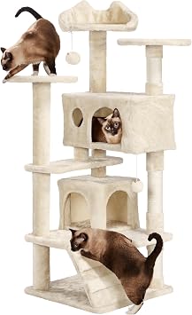 Yaheetech 54in Cat Tree, Multi-Level Cat Tower with Spacious Perch, 2 Cozy Caves, Scratching Posts, Climbing Ladder, 2 Plush Balls, Durable Pet House Furniture for Indoor Kittens, Beige