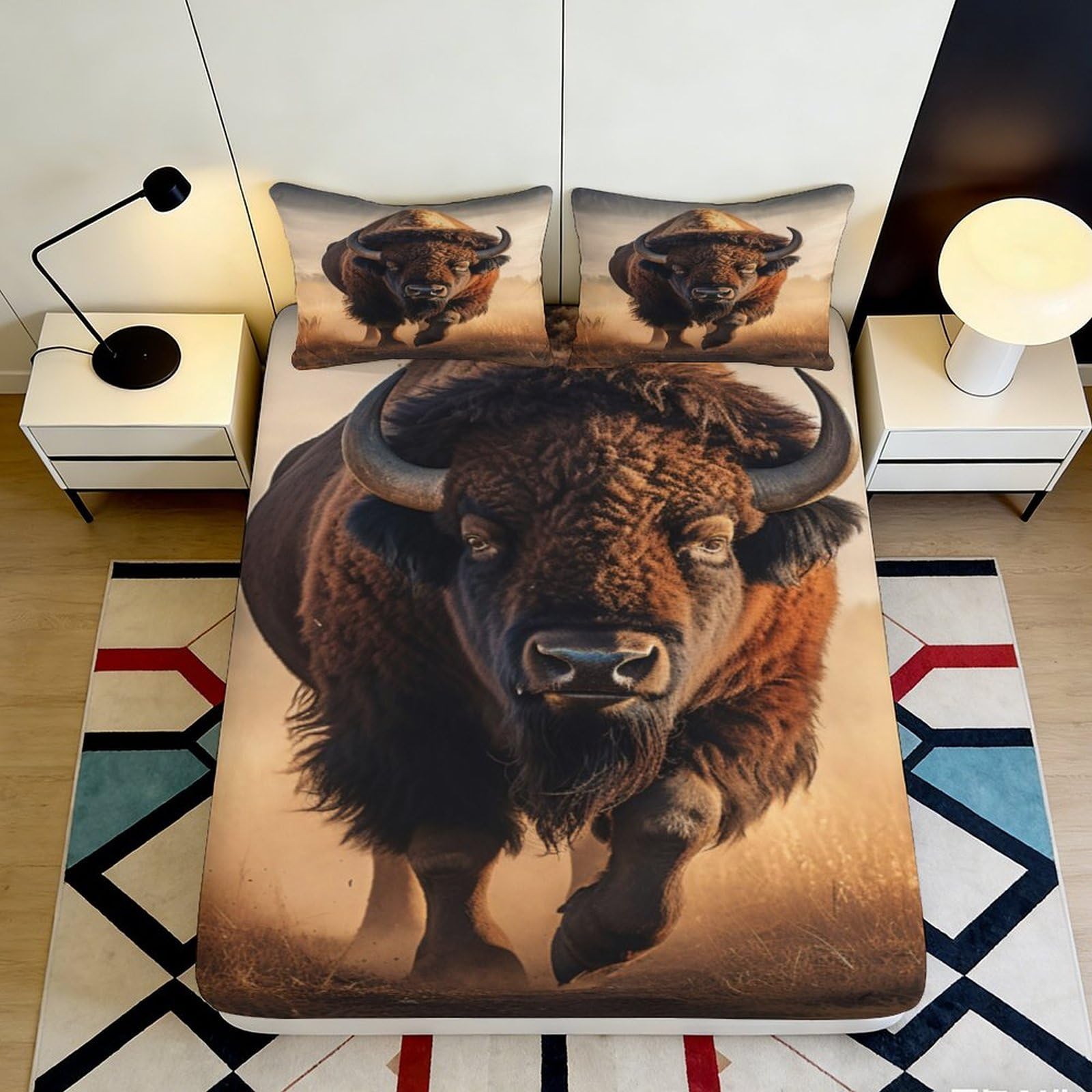 Uynsixtme Style-7 3D Printed Buffalo Fitted Sheet Microfiber Deep Pocket Non-Slip Buffalo Mattress Fitted Cover For Bedroom Adult Teen 140X200x25cm