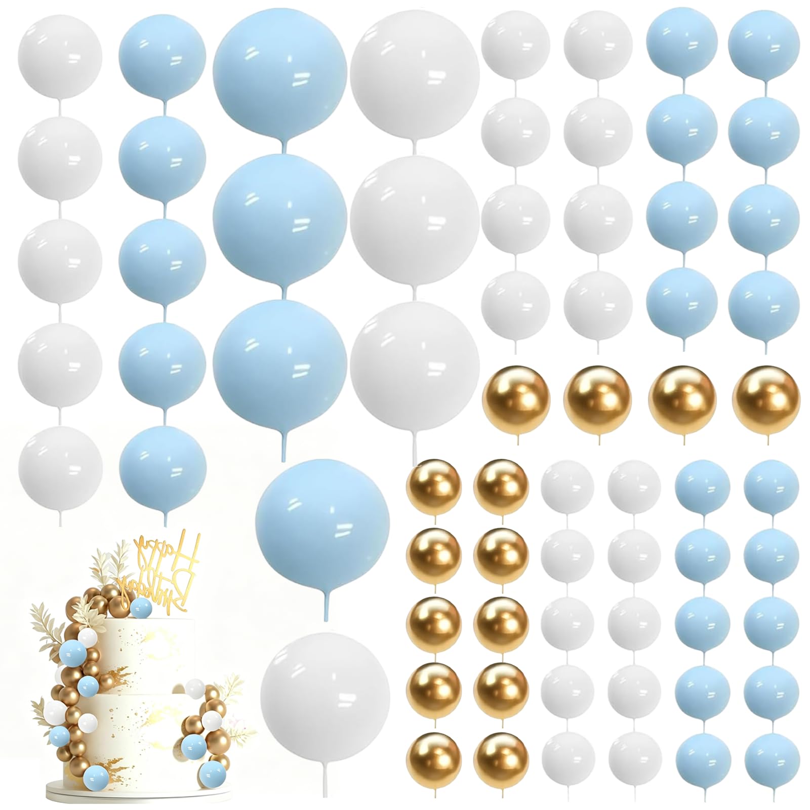 50-Piece Ball Cake Toppers, White Blue Gold Cake Decorations, Balloon Cake Topper Balls for Birthday Cake Decorating, Wedding Decoration and Cupcakes (Blue, Gold, Pink)