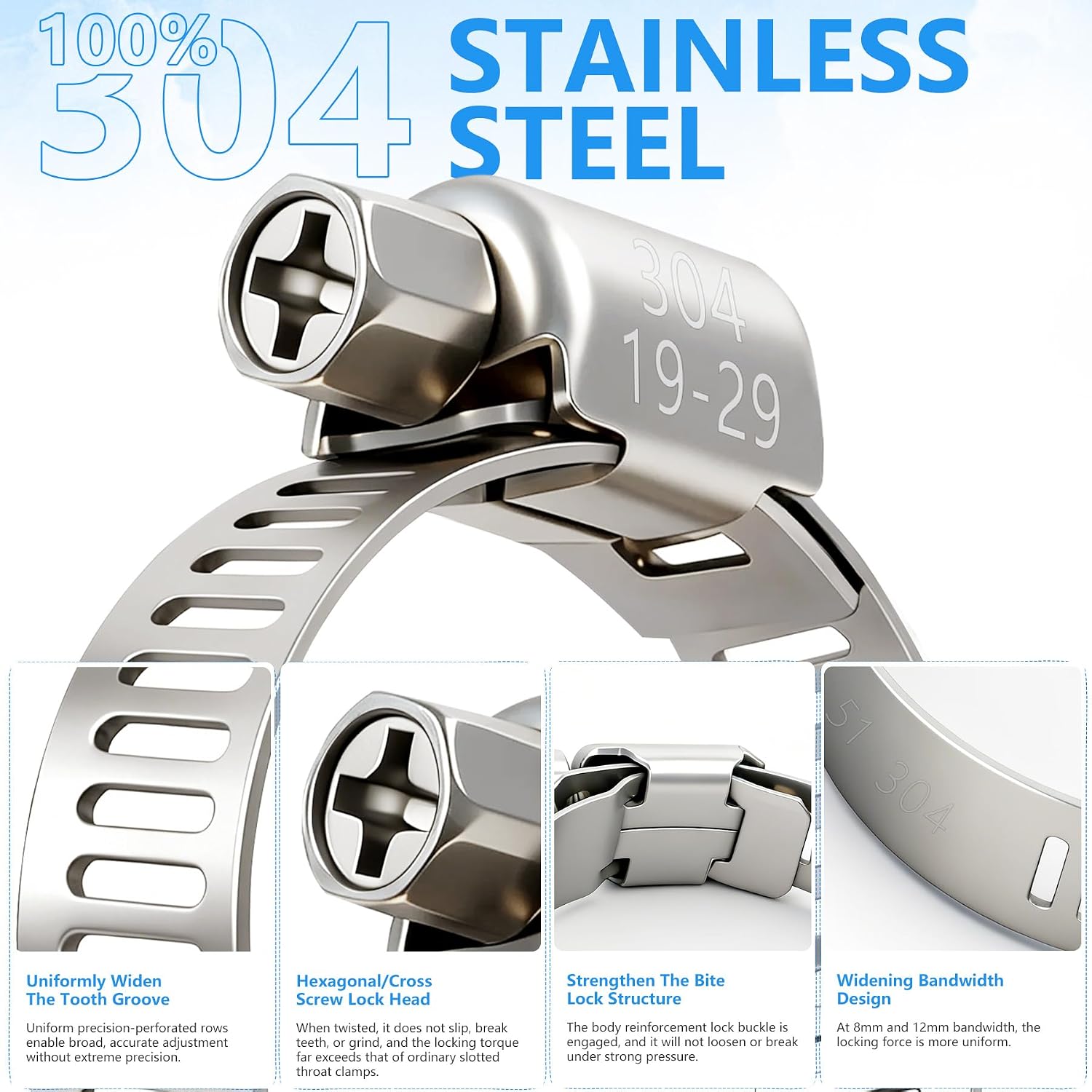 186pcs 304 Stainless Steel Hose Clamp Kit 8 Sizes From 1/4"-2" (6-51mm) | Worm Gear Hose Clamps Assortment for Fuel, Plumbing, Automotive, Radiator. Includes Brass Fittings, PTFE Tape, Screwdriver