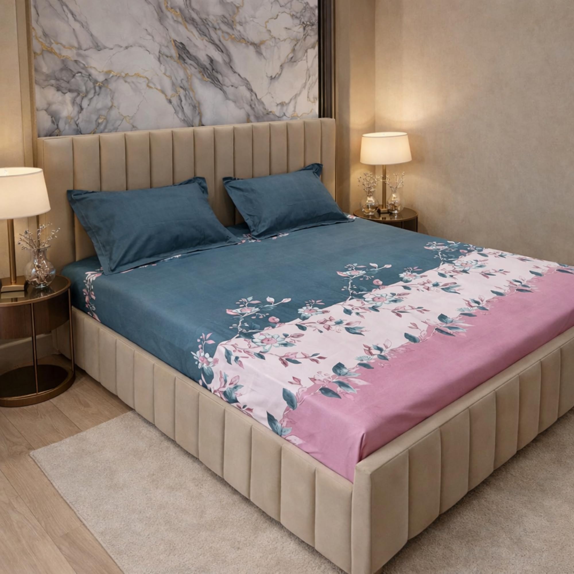 THEA Double Bedsheet Set| 180 TC Cloud Soft Cotton Touch| 1 Double Bedsheet for Queen Bed (90 X 100 inches) with 2 Pillow Covers,Moonlit Garden
