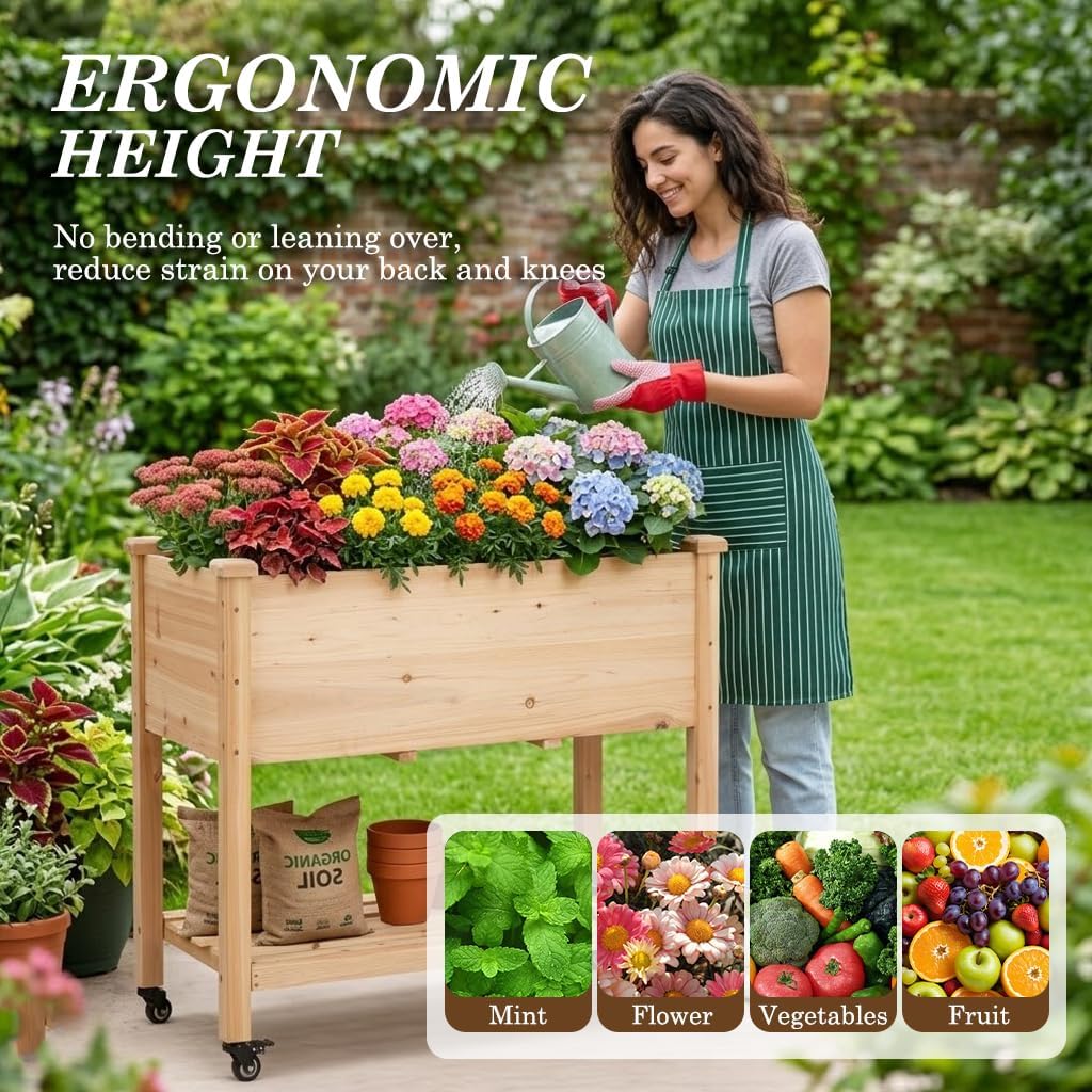 Raised Garden Bed with Lockable Wheels, 32x16x32 inch Elevated Wood Planter with Storage Shelf Protective Liner for Vegetable Flower Herb Outdoor Balcony Patio Backyard, Natural