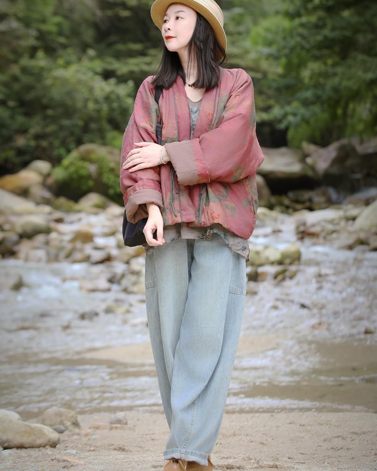 LUZU JUNU Women's Floral Printed Short Quilted Jacket Open Front V-Neck Shawl Collar Drop Shoulder Vintage Outwear - Image 7