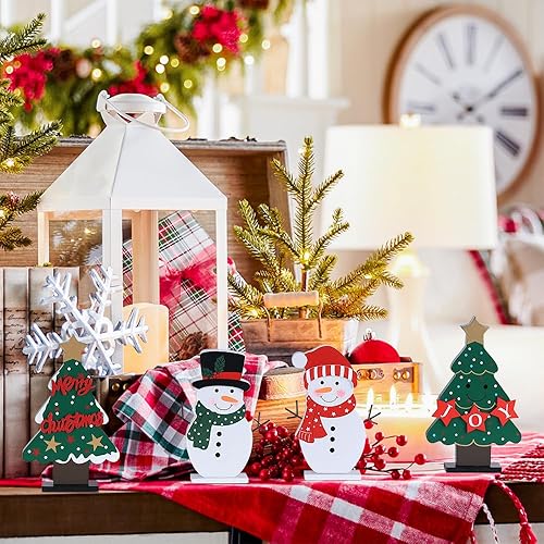 Miniatura 9 de DECSPAS Decoraciones navideñas para interiores, 4 piezas de árboles de Navidad de madera y muñecos de nieve para decoración de mesa de centro de