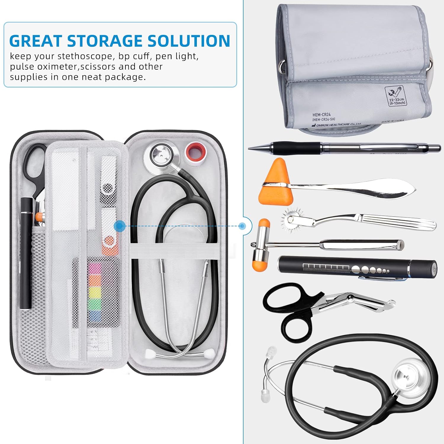 Stethoscope Hard Storage Case, Portable Organizer with Mesh Pocket, Black